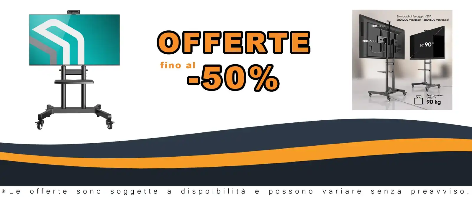Stand TV mobile 50-90 pollici, max 100 kg, tasto accensione included